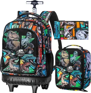 3PCS Rolling Backpack for Boys, 21 Inch Water Resistant Dinosaur Backpacks with Roller Wheels, Wheeled Bookbag for Teens Boys Elementary School Travel