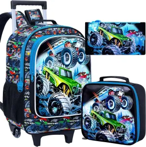 3PCS Rolling Backpack for Boys, Kids Roller School Bookbag Set, Water Resistant Wheeled Backpacks for Teens Boys Elementary Trave