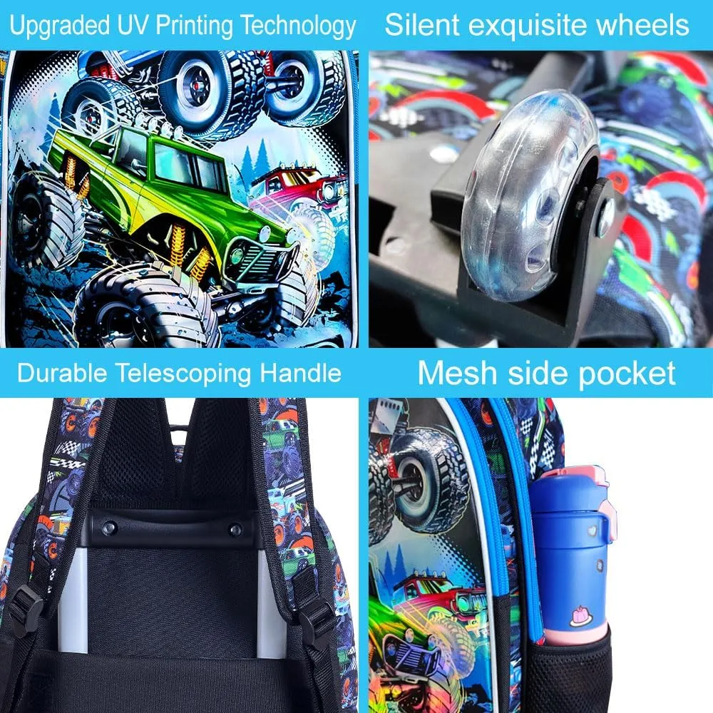3PCS Rolling Backpack for Boys, Kids Roller School Bookbag Set, Water Resistant Wheeled Backpacks for Teens Boys Elementary Trave