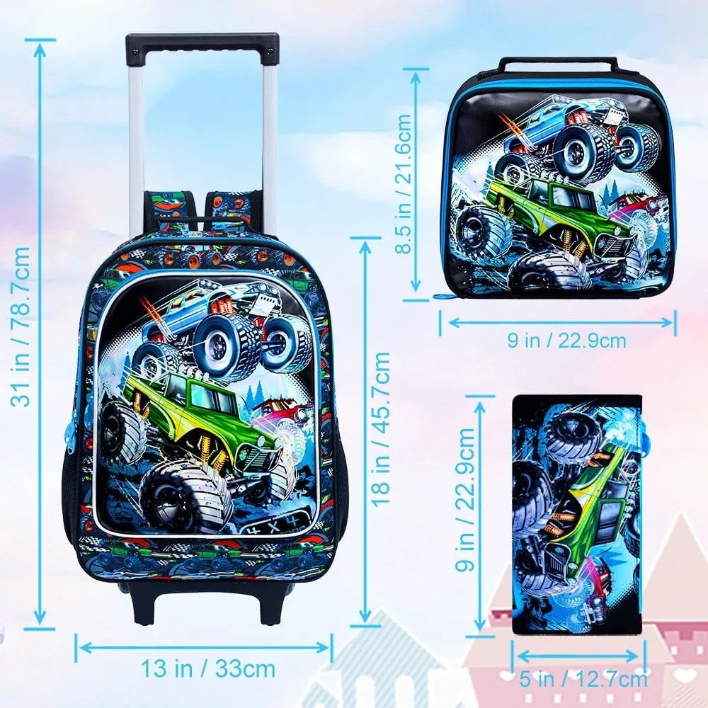 3PCS Rolling Backpack for Boys, Kids Roller School Bookbag Set, Water Resistant Wheeled Backpacks for Teens Boys Elementary Trave