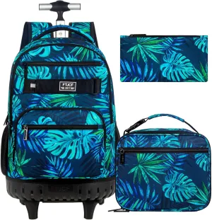 3Pcs Rolling Backpack for Boys Men, Travel Roller Backpacks with Wheels for Adults, Teens College Leaf Wheeled Bookbag with Lunch Box(Green)