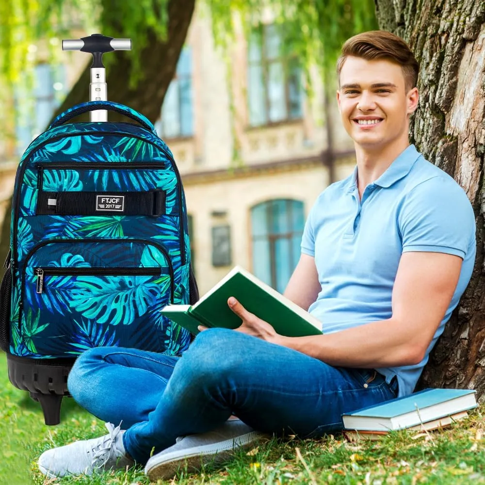 3Pcs Rolling Backpack for Boys Men, Travel Roller Backpacks with Wheels for Adults, Teens College Leaf Wheeled Bookbag with Lunch Box(Green)
