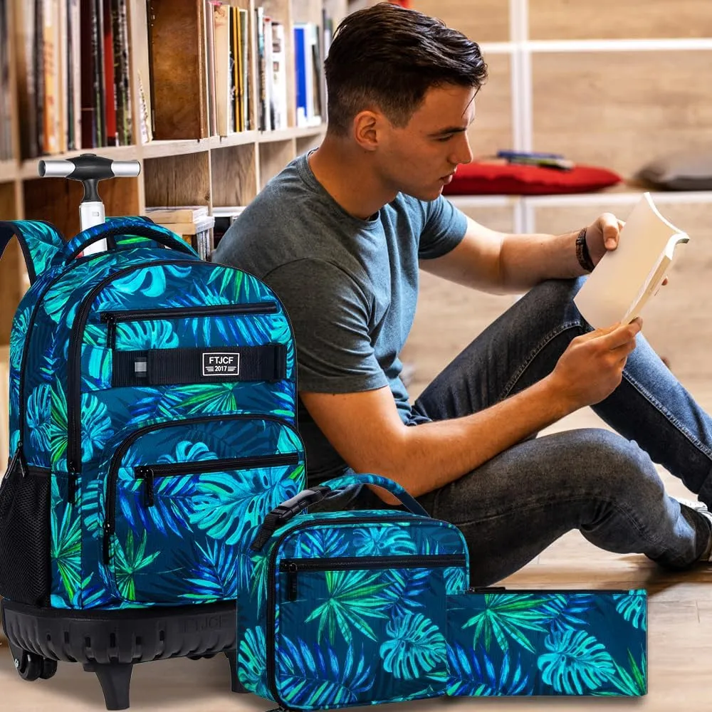 3Pcs Rolling Backpack for Boys Men, Travel Roller Backpacks with Wheels for Adults, Teens College Leaf Wheeled Bookbag with Lunch Box(Green)
