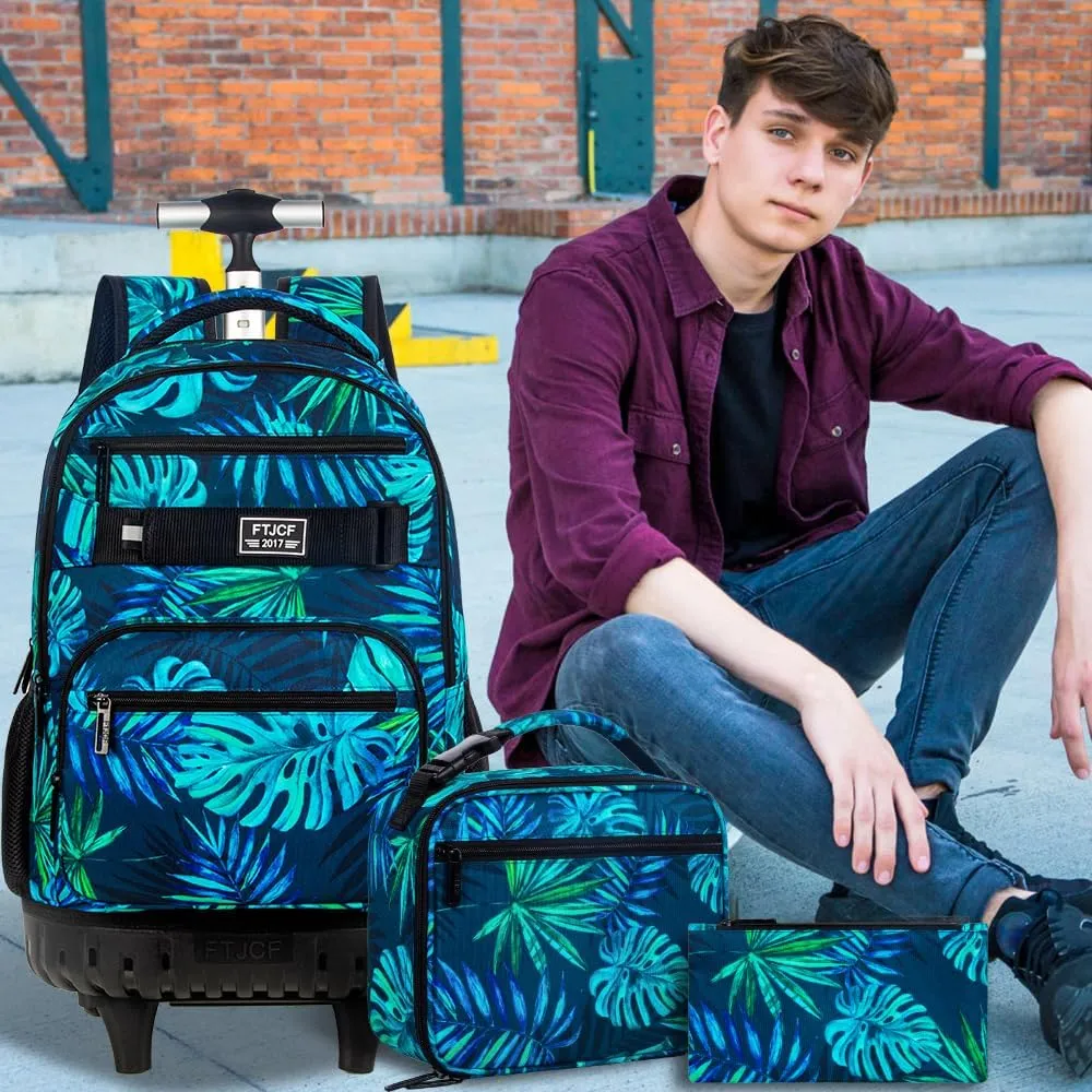 3Pcs Rolling Backpack for Boys Men, Travel Roller Backpacks with Wheels for Adults, Teens College Leaf Wheeled Bookbag with Lunch Box(Green)