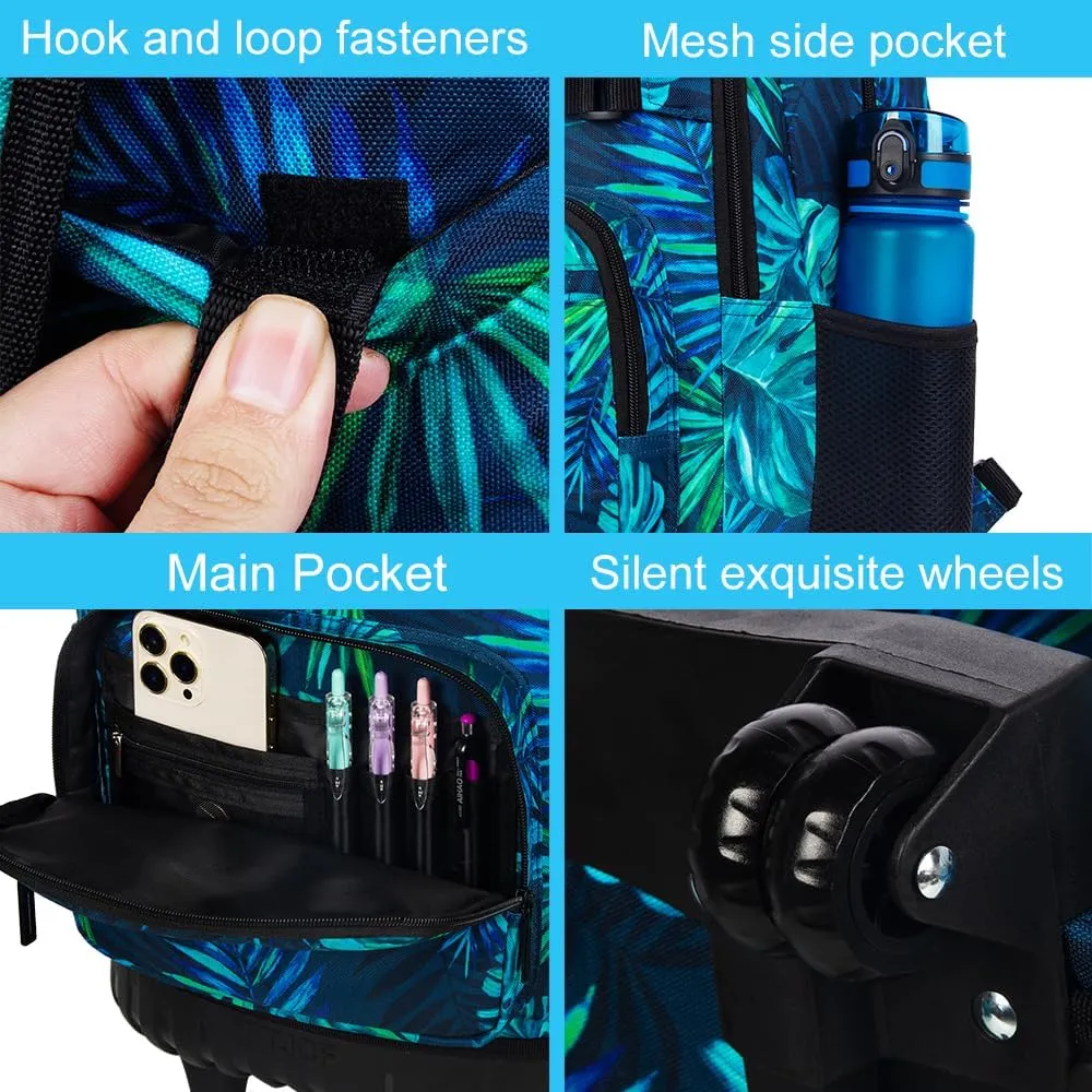 3Pcs Rolling Backpack for Boys Men, Travel Roller Backpacks with Wheels for Adults, Teens College Leaf Wheeled Bookbag with Lunch Box(Green)