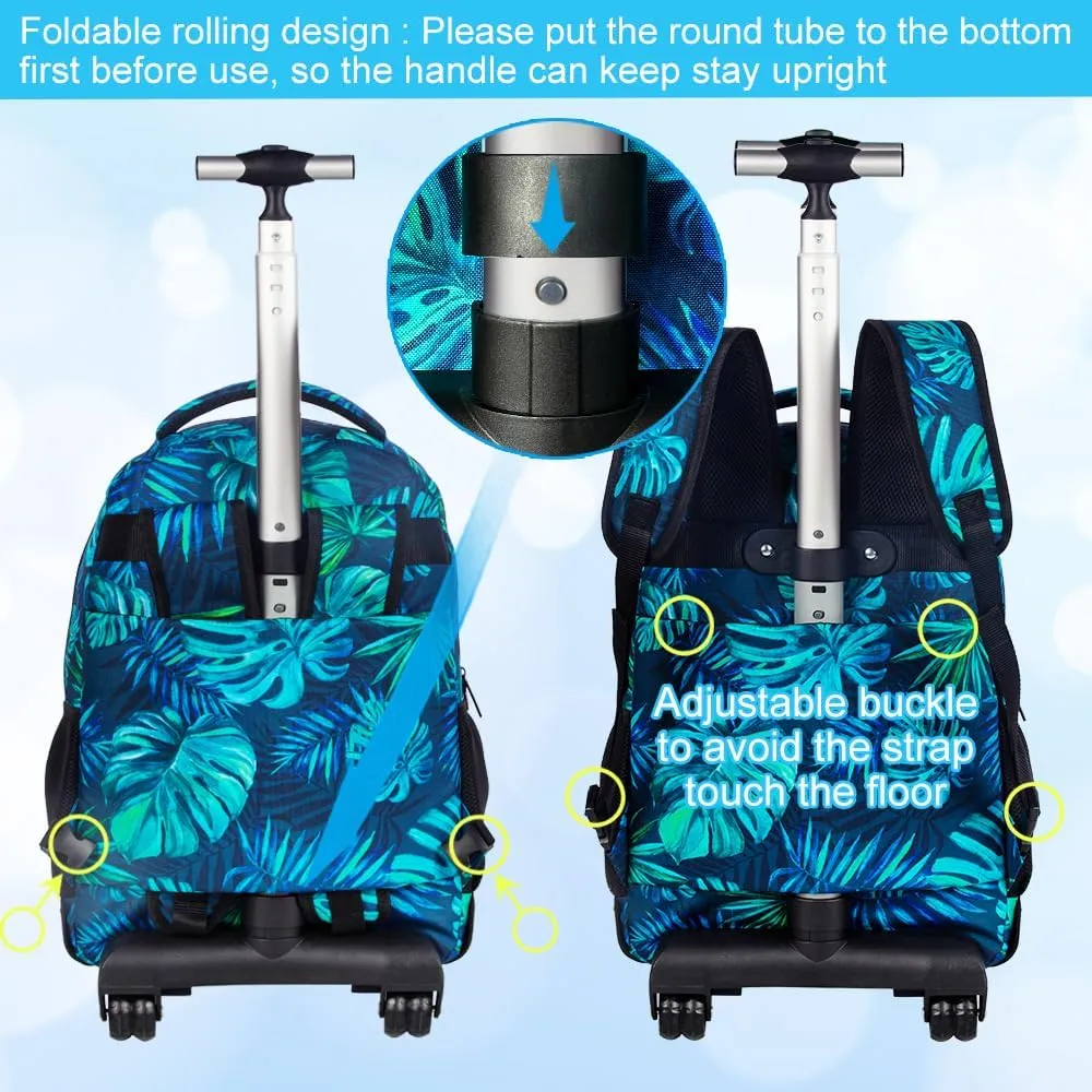 3Pcs Rolling Backpack for Boys Men, Travel Roller Backpacks with Wheels for Adults, Teens College Leaf Wheeled Bookbag with Lunch Box(Green)