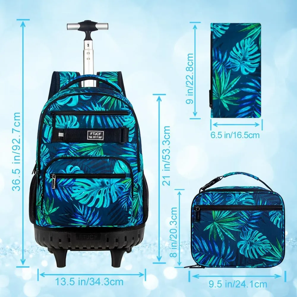 3Pcs Rolling Backpack for Boys Men, Travel Roller Backpacks with Wheels for Adults, Teens College Leaf Wheeled Bookbag with Lunch Box(Green)