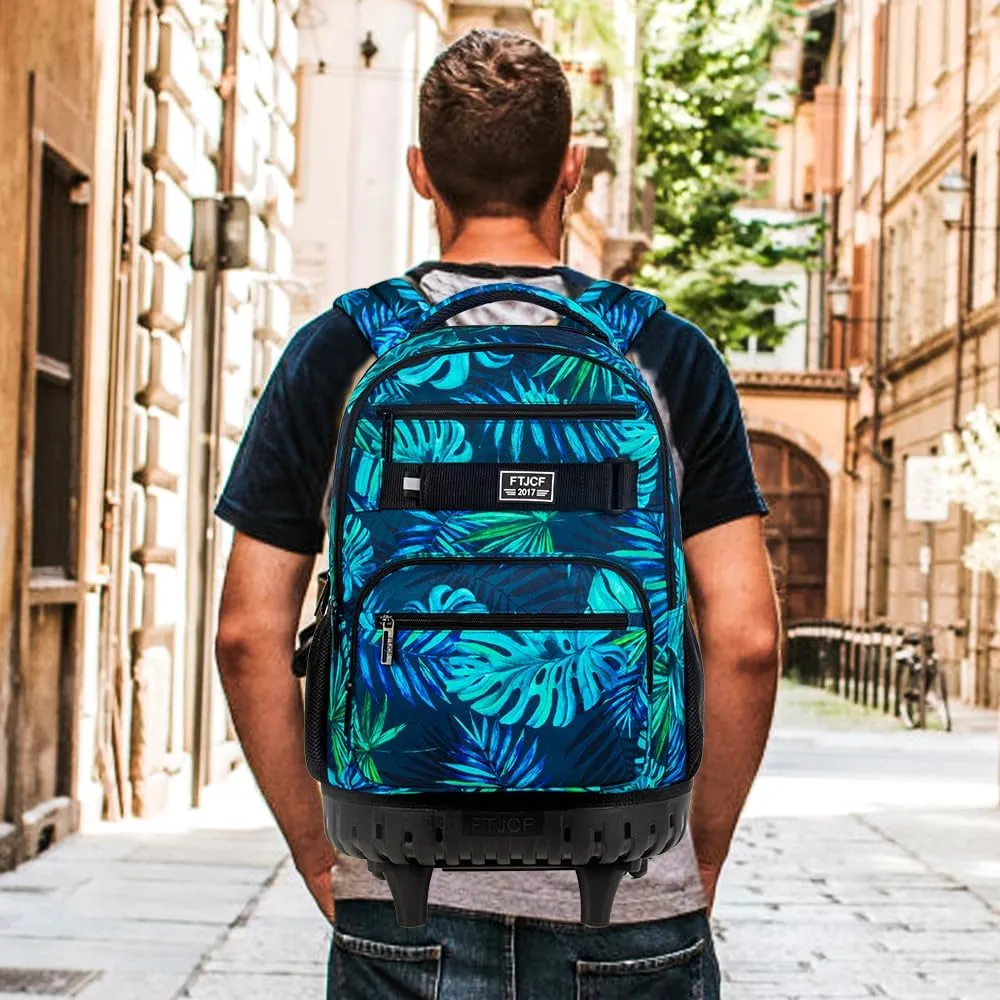 3Pcs Rolling Backpack for Boys Men, Travel Roller Backpacks with Wheels for Adults, Teens College Leaf Wheeled Bookbag with Lunch Box(Green)