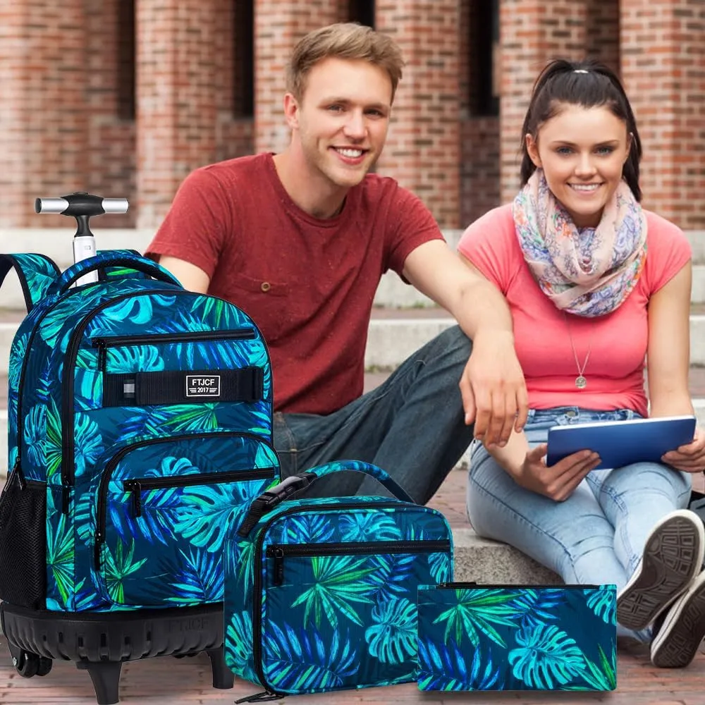 3Pcs Rolling Backpack for Boys Men, Travel Roller Backpacks with Wheels for Adults, Teens College Leaf Wheeled Bookbag with Lunch Box(Green)