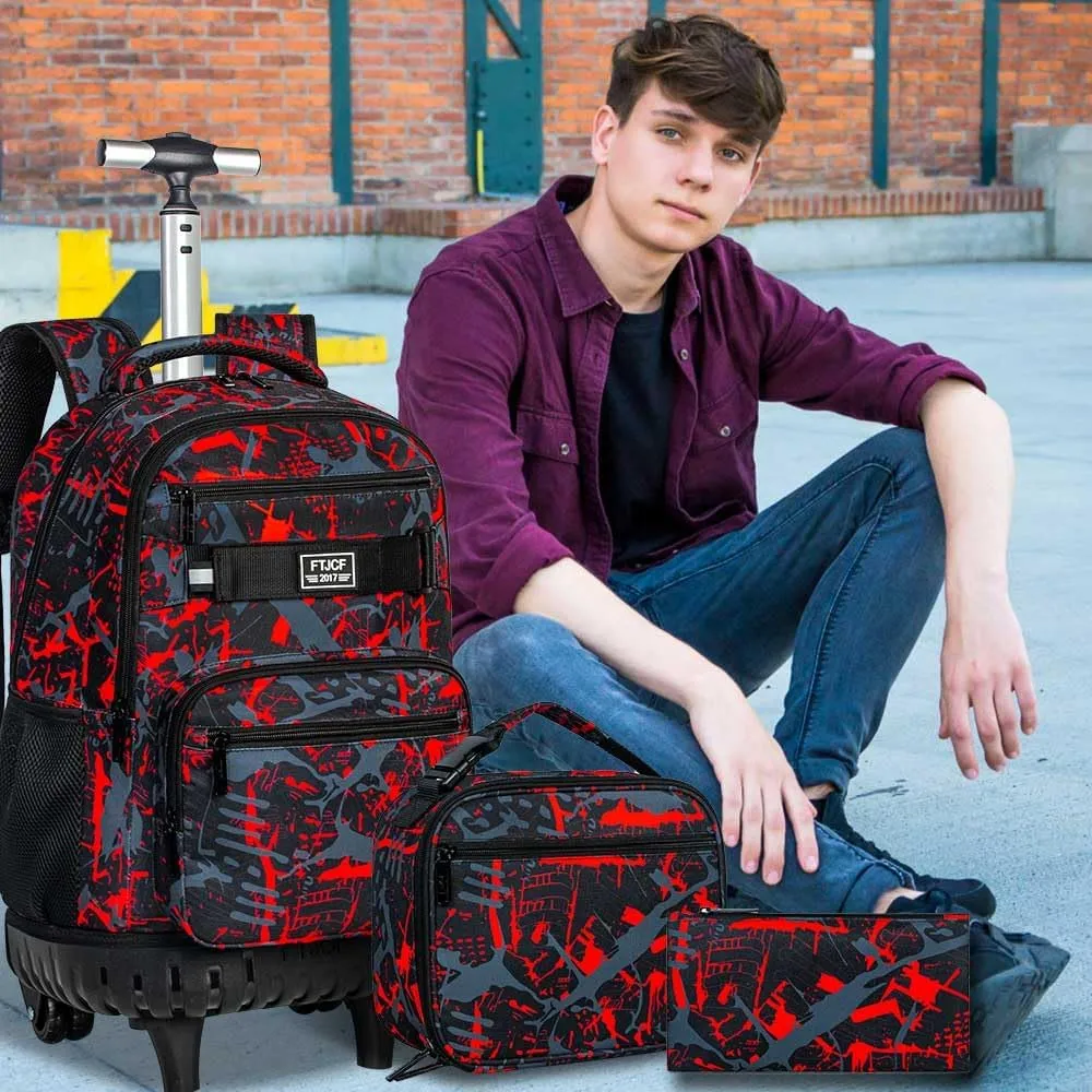 3Pcs Rolling Backpack for Boys Men, Travel Wheeled Backpacks for Adults, Teens College Roller Bookbag with Wheels for Men(Red)