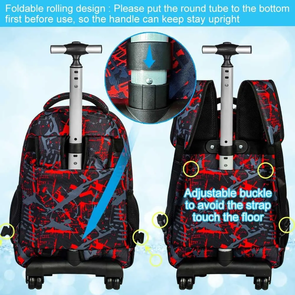3Pcs Rolling Backpack for Boys Men, Travel Wheeled Backpacks for Adults, Teens College Roller Bookbag with Wheels for Men(Red)