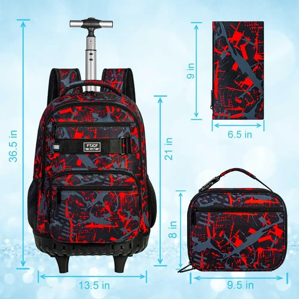 3Pcs Rolling Backpack for Boys Men, Travel Wheeled Backpacks for Adults, Teens College Roller Bookbag with Wheels for Men(Red)