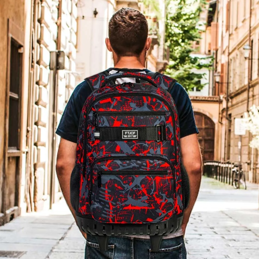 3Pcs Rolling Backpack for Boys Men, Travel Wheeled Backpacks for Adults, Teens College Roller Bookbag with Wheels for Men(Red)