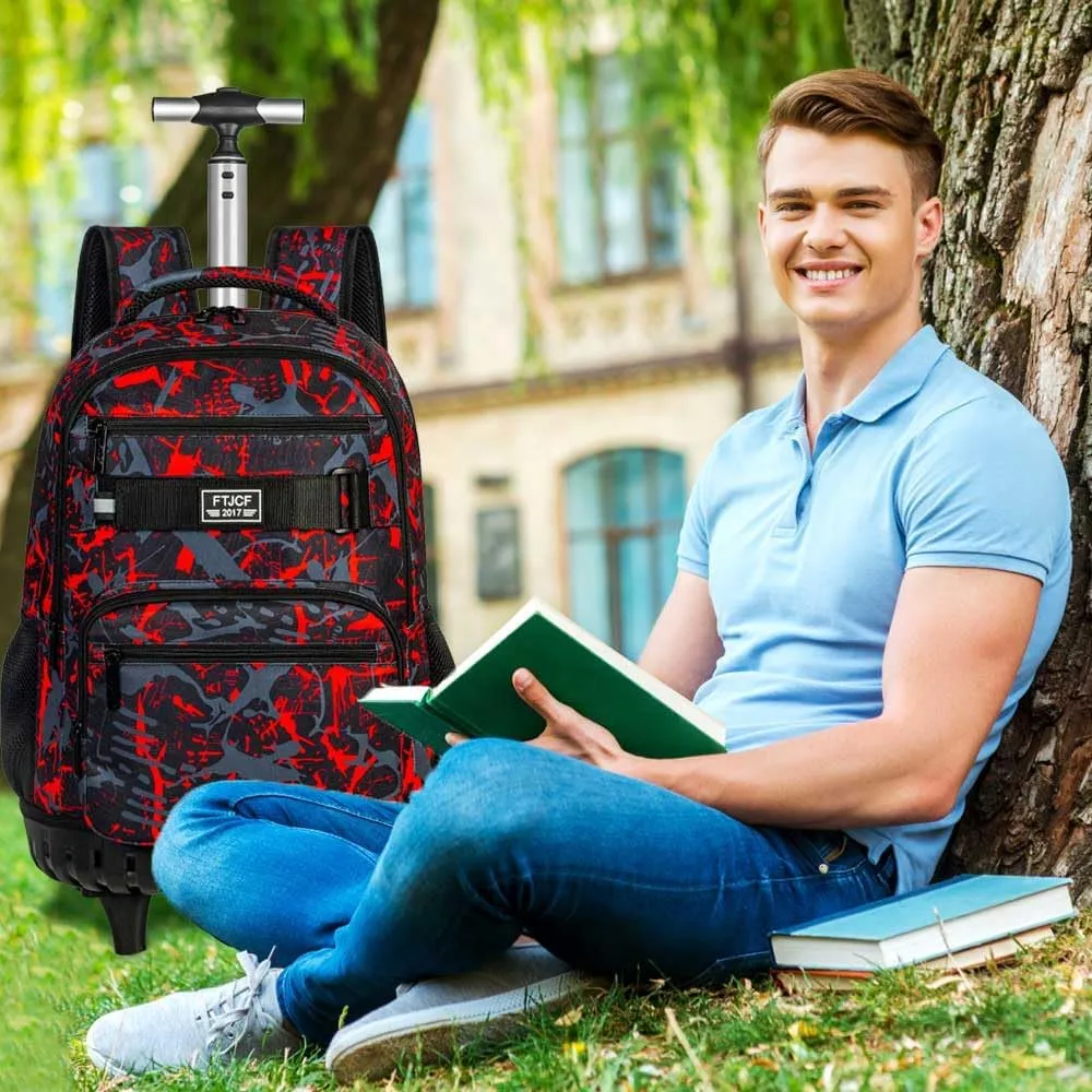 3Pcs Rolling Backpack for Boys Men, Travel Wheeled Backpacks for Adults, Teens College Roller Bookbag with Wheels for Men(Red)