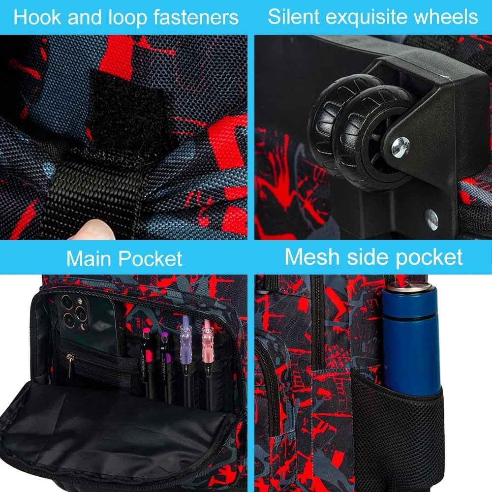 3Pcs Rolling Backpack for Boys Men, Travel Wheeled Backpacks for Adults, Teens College Roller Bookbag with Wheels for Men(Red)