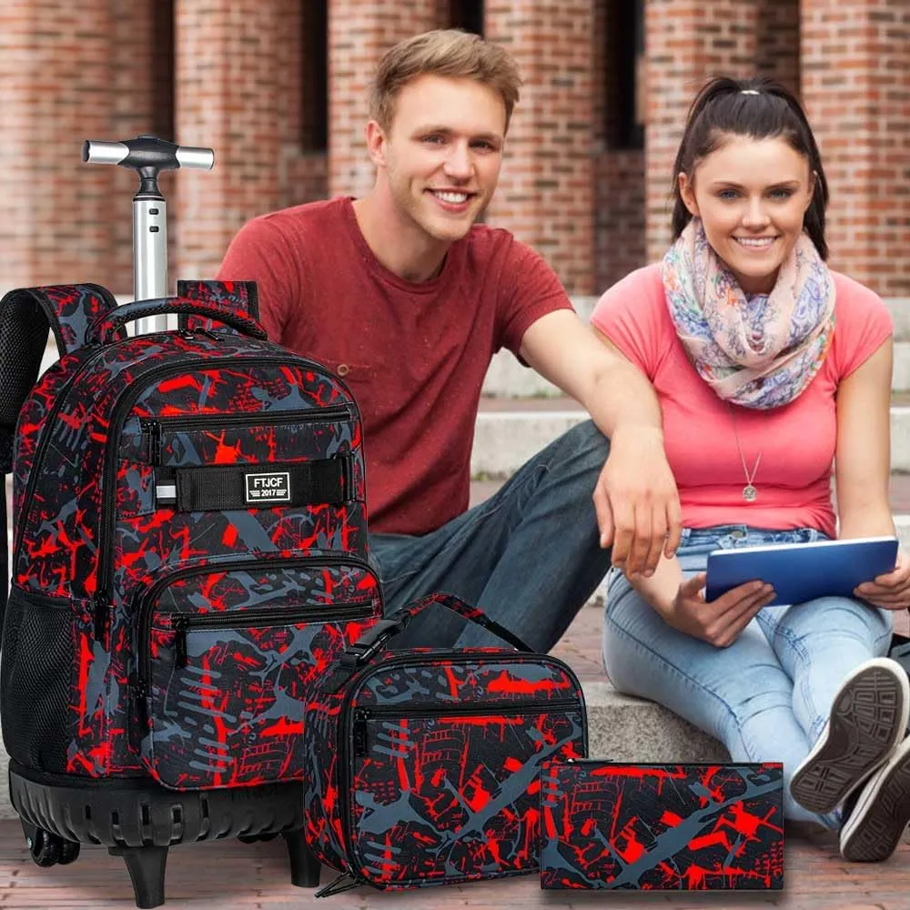 3Pcs Rolling Backpack for Boys Men, Travel Wheeled Backpacks for Adults, Teens College Roller Bookbag with Wheels for Men(Red)