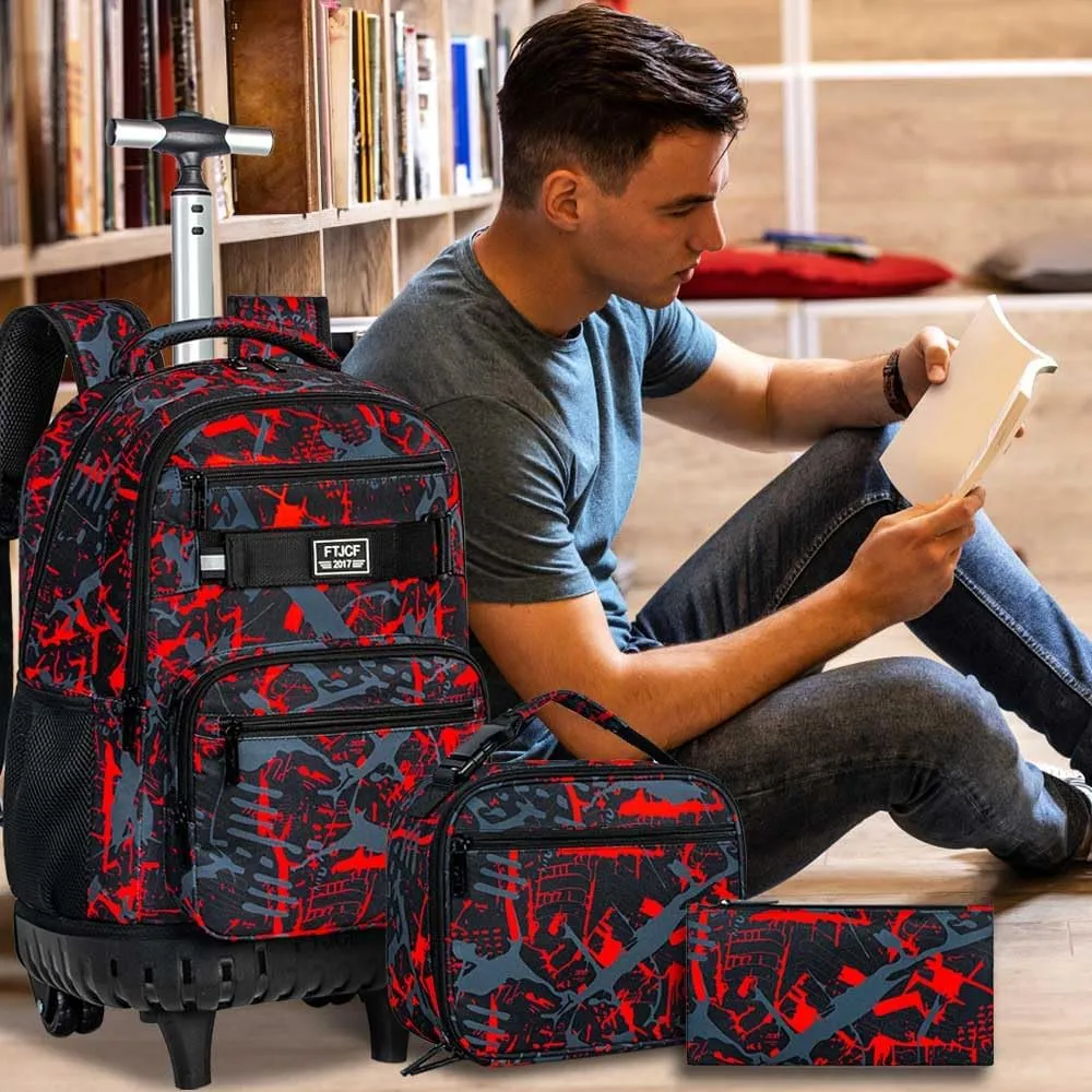 3Pcs Rolling Backpack for Boys Men, Travel Wheeled Backpacks for Adults, Teens College Roller Bookbag with Wheels for Men(Red)