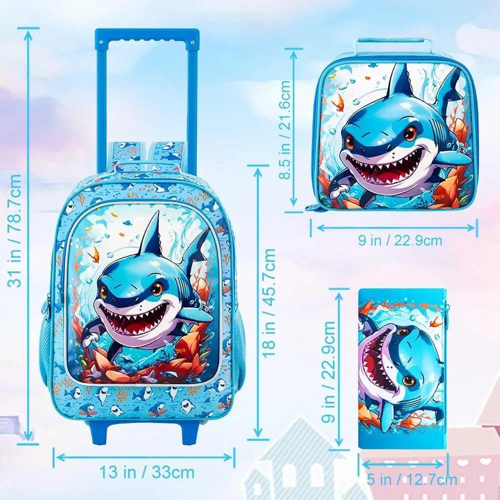 3PCS Rolling Backpack for Boys, Shark Roller School Bookbag with Lunch Bag, Kids Water Resistant Wheeled Backpacks for Teens Boys Elementary Trave