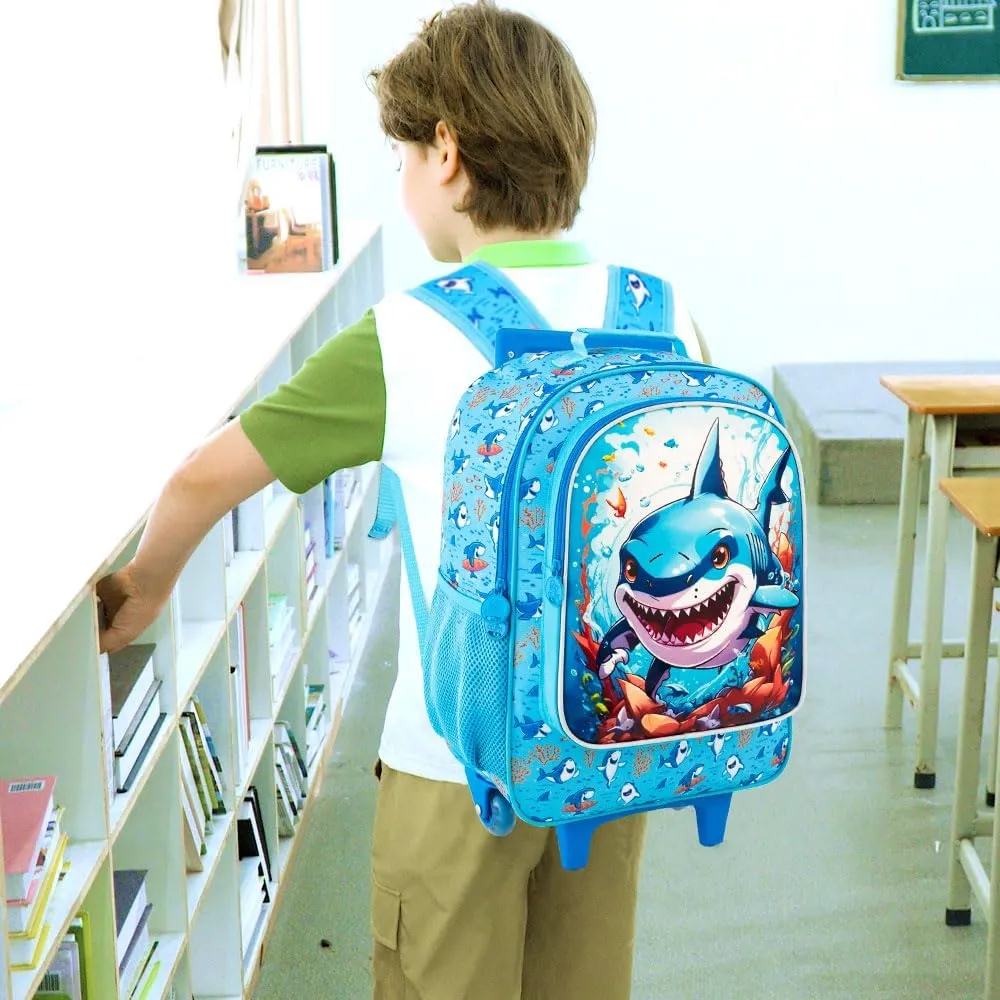 3PCS Rolling Backpack for Boys, Shark Roller School Bookbag with Lunch Bag, Kids Water Resistant Wheeled Backpacks for Teens Boys Elementary Trave