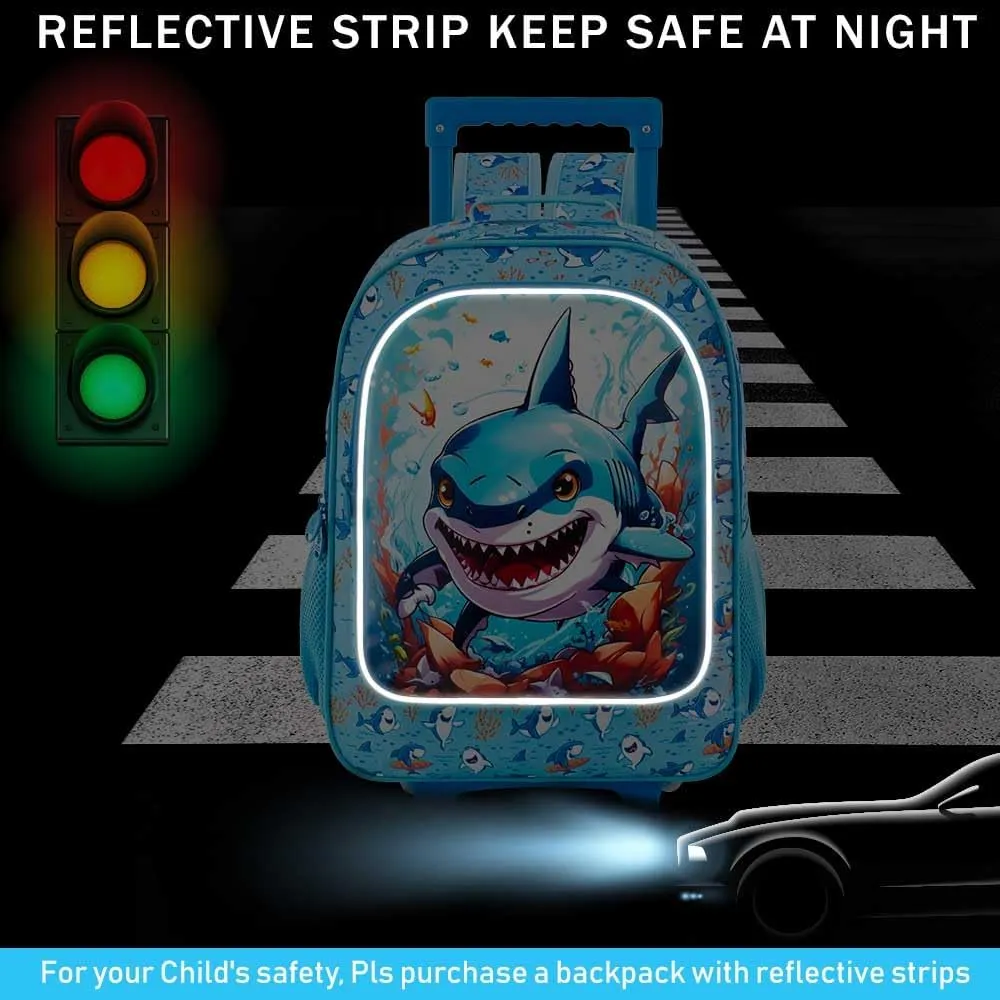 3PCS Rolling Backpack for Boys, Shark Roller School Bookbag with Lunch Bag, Kids Water Resistant Wheeled Backpacks for Teens Boys Elementary Trave