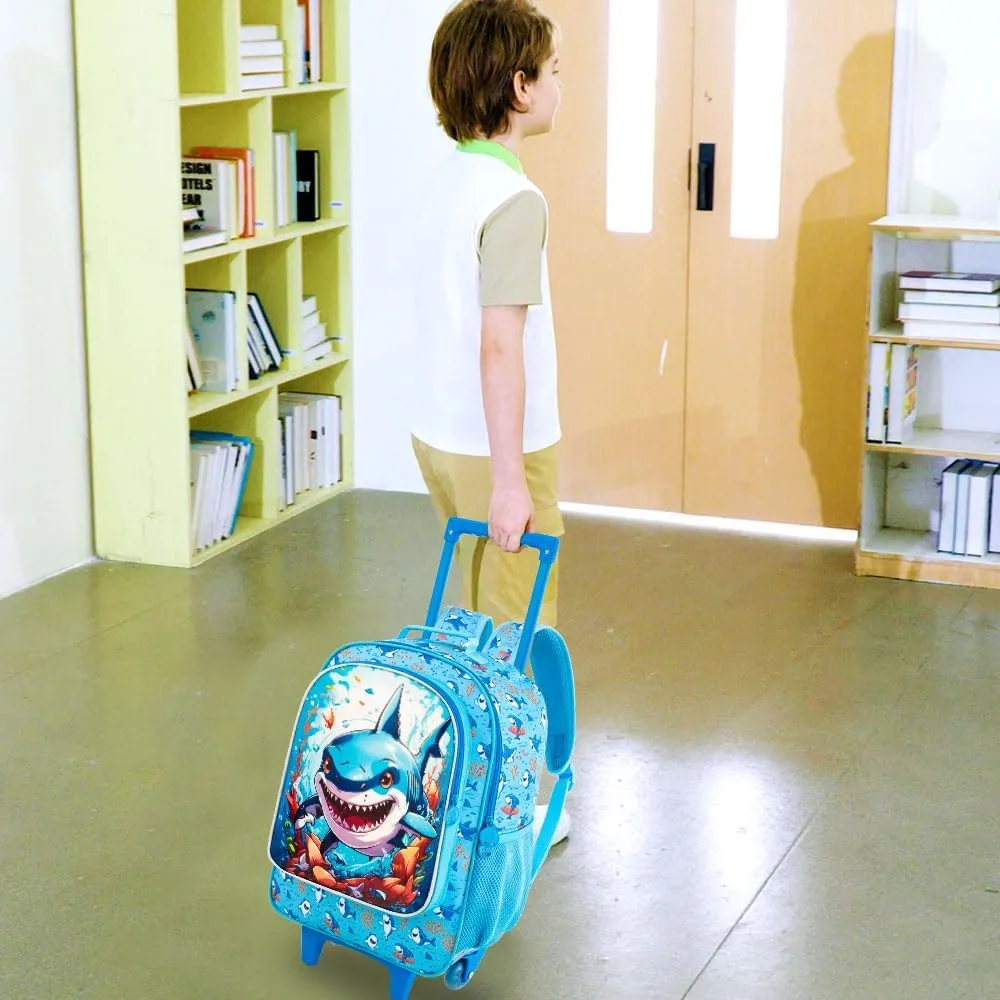 3PCS Rolling Backpack for Boys, Shark Roller School Bookbag with Lunch Bag, Kids Water Resistant Wheeled Backpacks for Teens Boys Elementary Trave