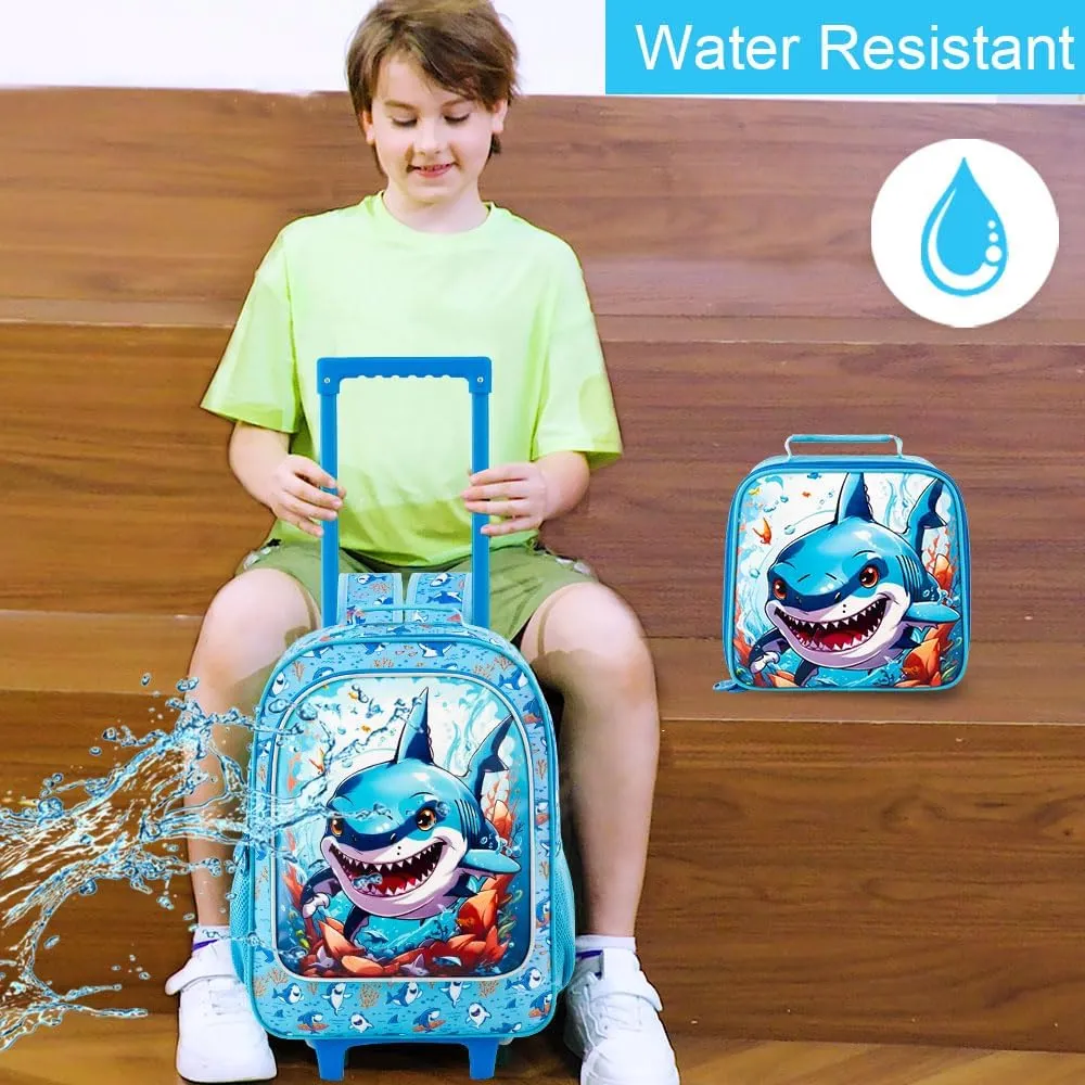 3PCS Rolling Backpack for Boys, Shark Roller School Bookbag with Lunch Bag, Kids Water Resistant Wheeled Backpacks for Teens Boys Elementary Trave