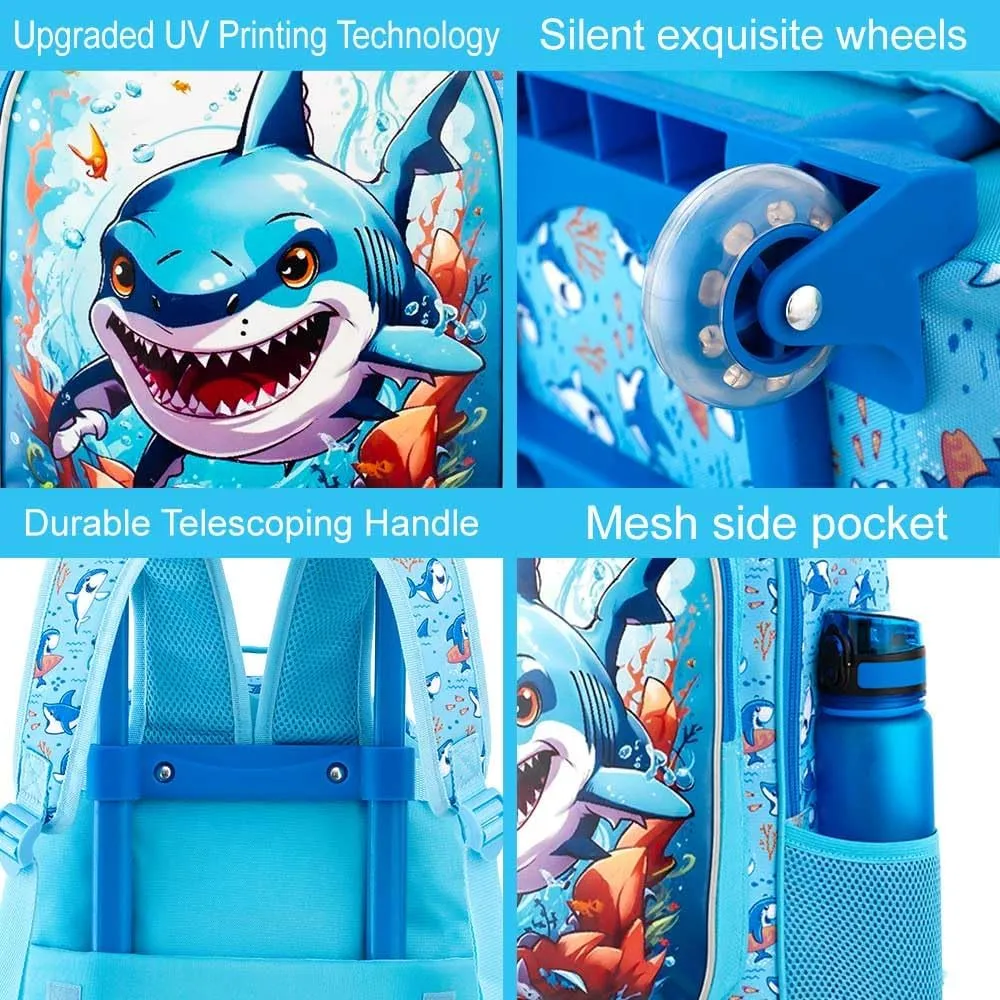 3PCS Rolling Backpack for Boys, Shark Roller School Bookbag with Lunch Bag, Kids Water Resistant Wheeled Backpacks for Teens Boys Elementary Trave