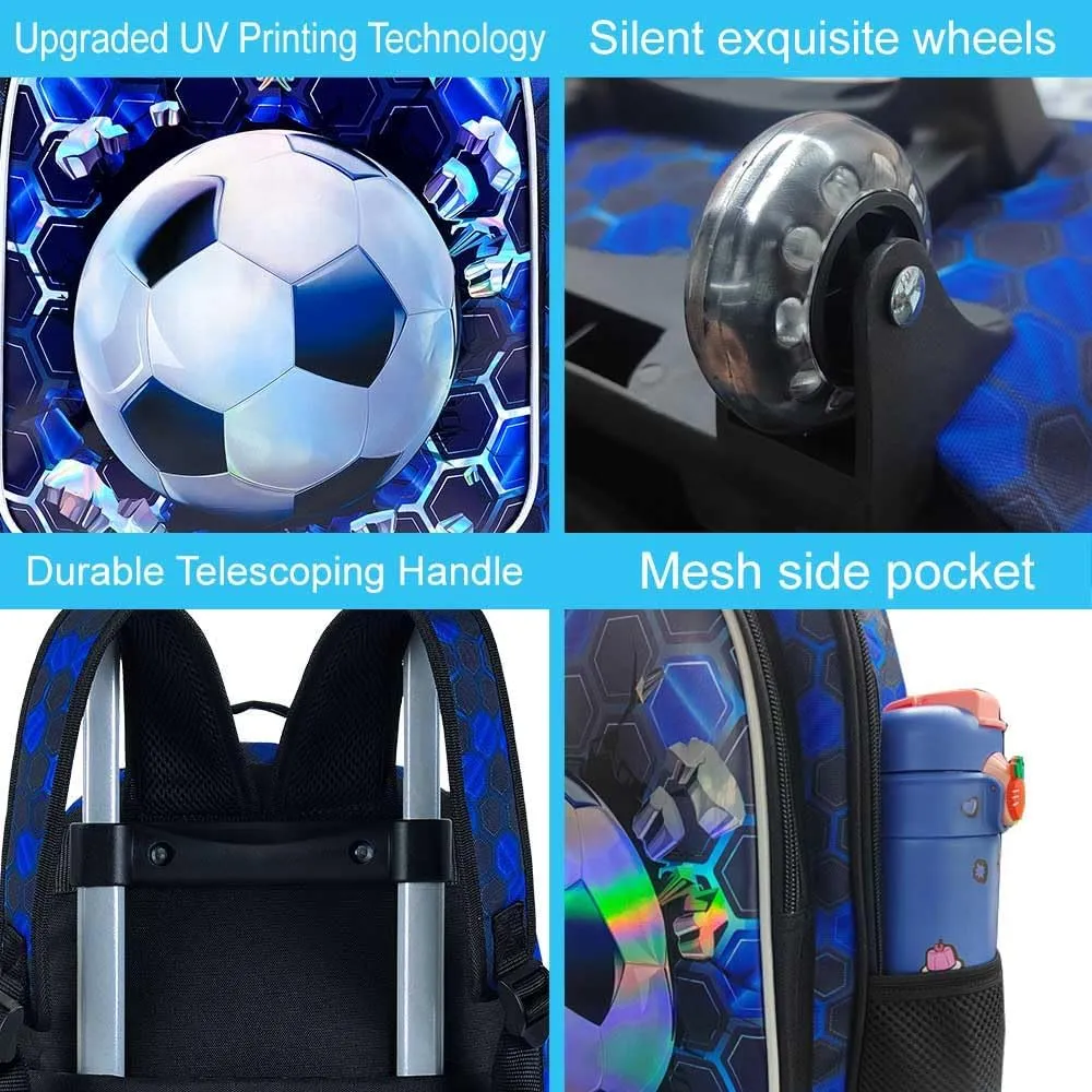 3PCS Rolling Backpack for Boys, Soccer Roller School Bookbag with Lunch Bag, Water Resistant Football Wheeled Backpacks for Teens Boys Elementary Trave