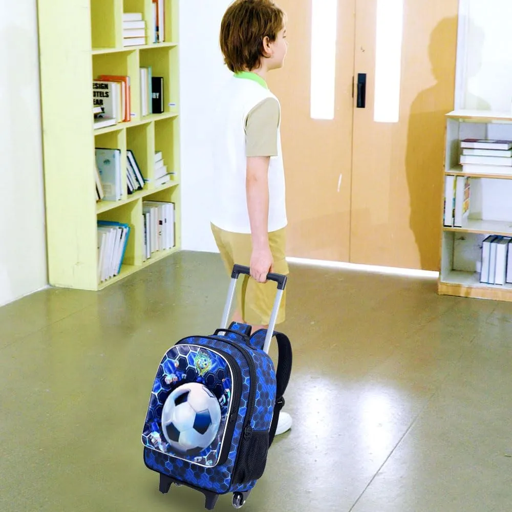 3PCS Rolling Backpack for Boys, Soccer Roller School Bookbag with Lunch Bag, Water Resistant Football Wheeled Backpacks for Teens Boys Elementary Trave
