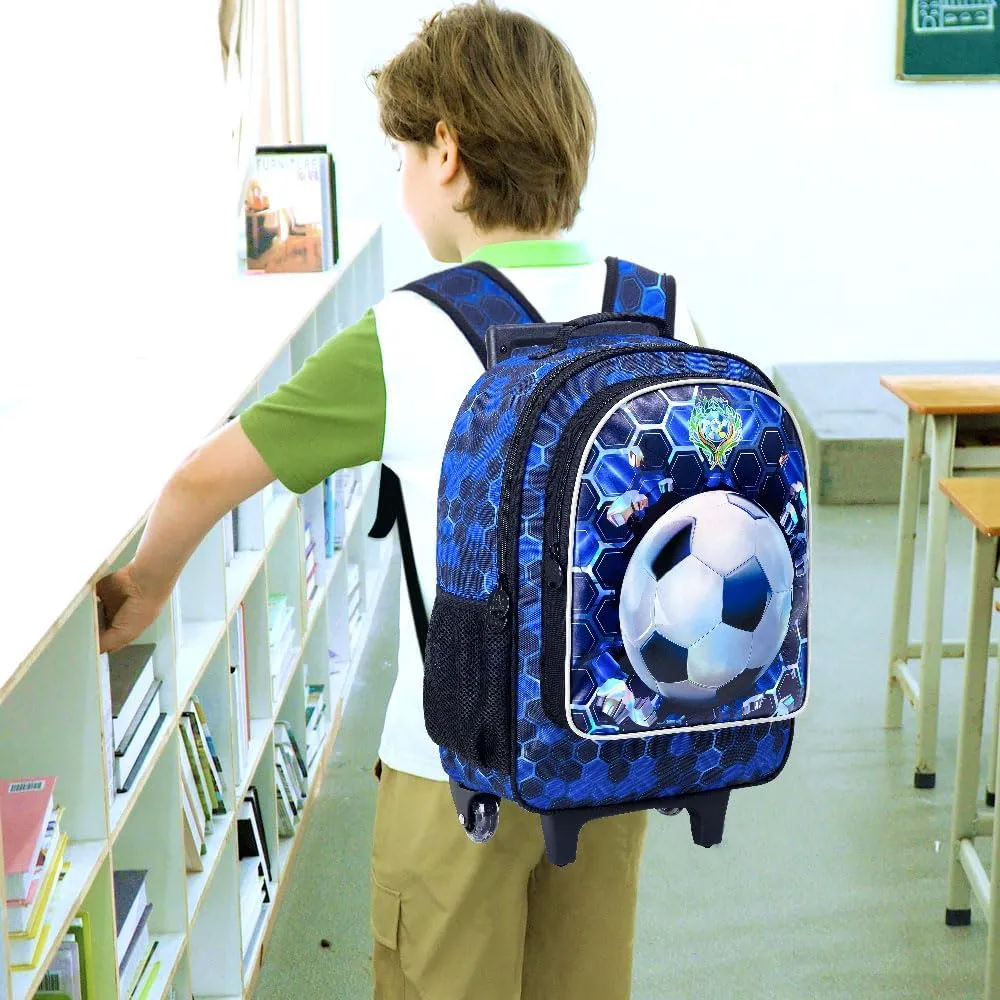 3PCS Rolling Backpack for Boys, Soccer Roller School Bookbag with Lunch Bag, Water Resistant Football Wheeled Backpacks for Teens Boys Elementary Trave
