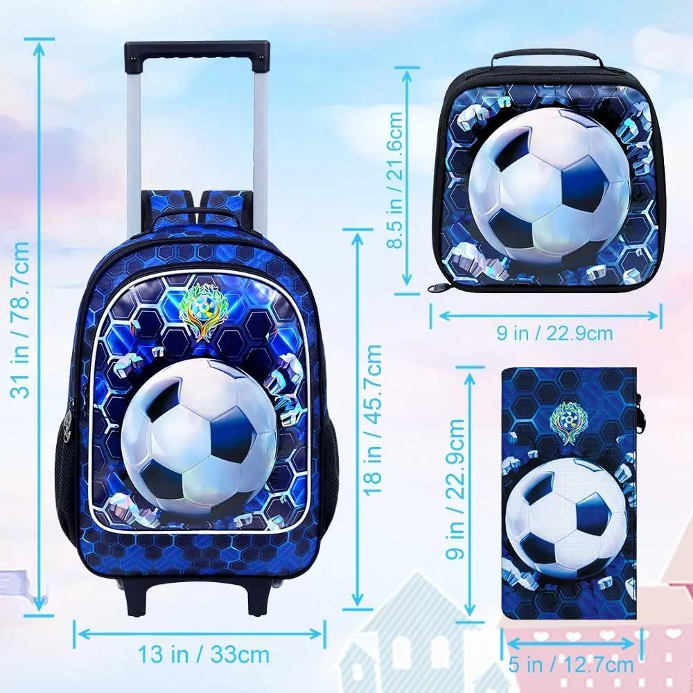 3PCS Rolling Backpack for Boys, Soccer Roller School Bookbag with Lunch Bag, Water Resistant Football Wheeled Backpacks for Teens Boys Elementary Trave