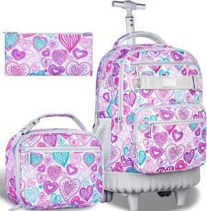 3pcs Rolling Backpack for Girls, 19 Inche Adult Bag with Roller Wheels, Wheeled Bookbag Set for Women - PinkGrey