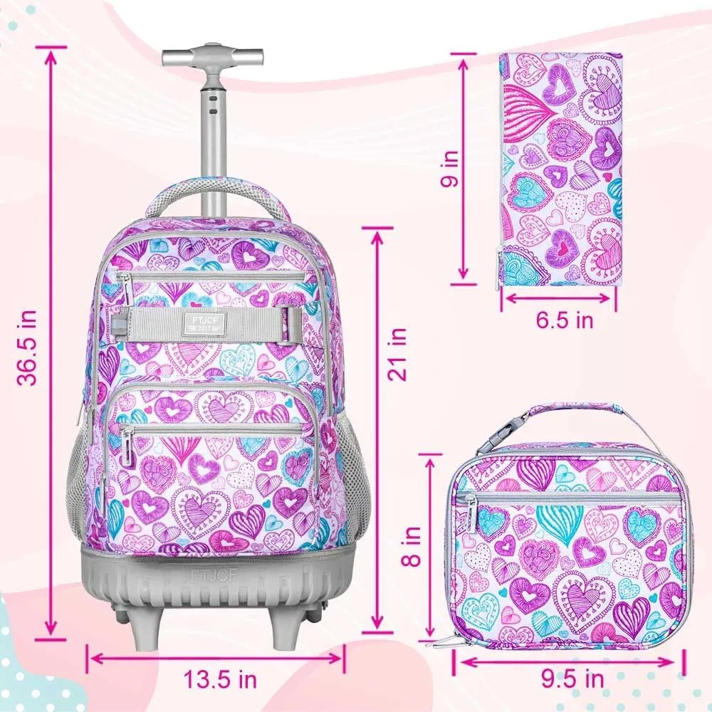 3pcs Rolling Backpack for Girls, 19 Inche Adult Bag with Roller Wheels, Wheeled Bookbag Set for Women - PinkGrey