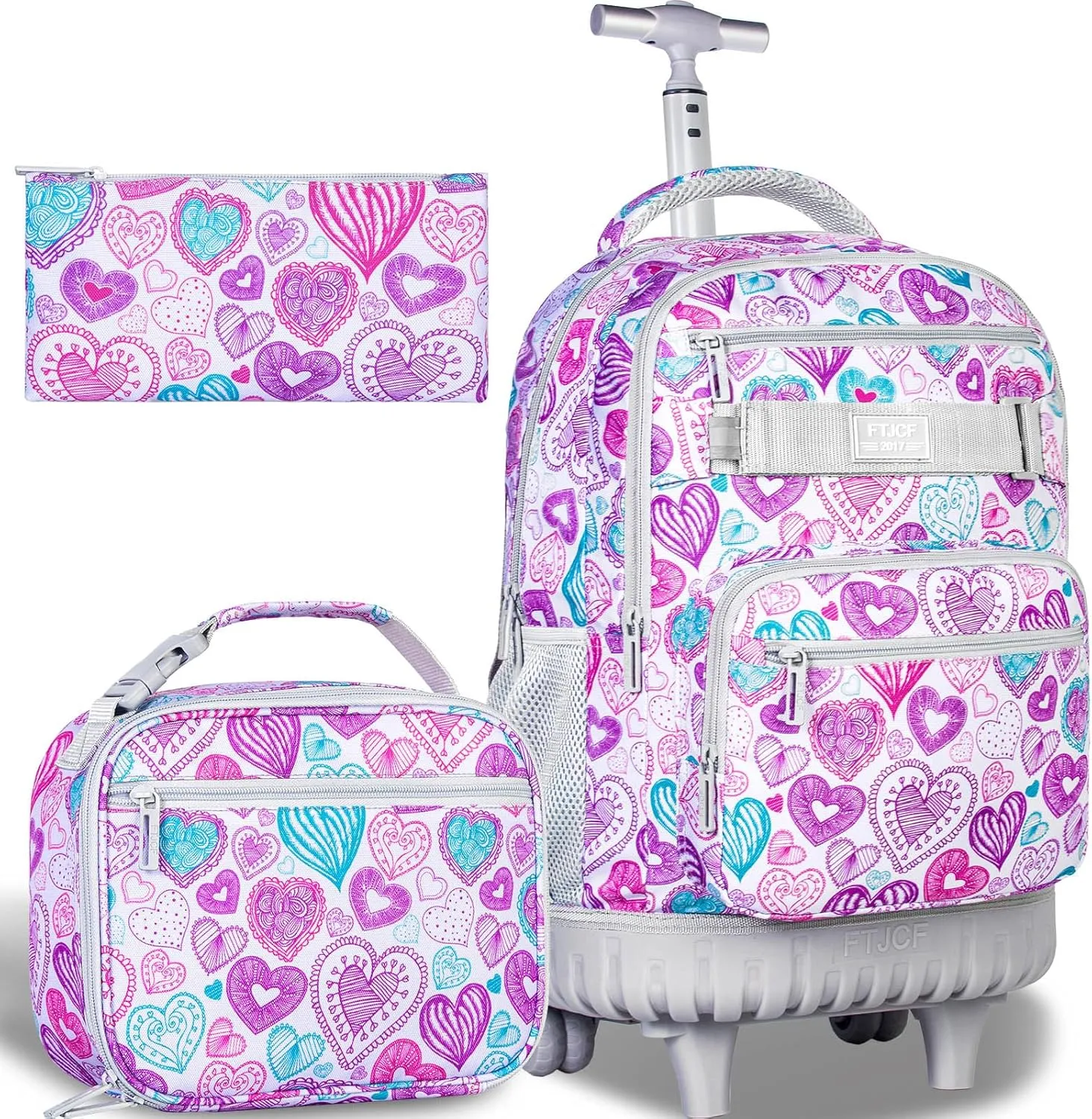 3pcs Rolling Backpack for Girls, 19 Inche Adult Bag with Roller Wheels, Wheeled Bookbag Set for Women - PinkGrey