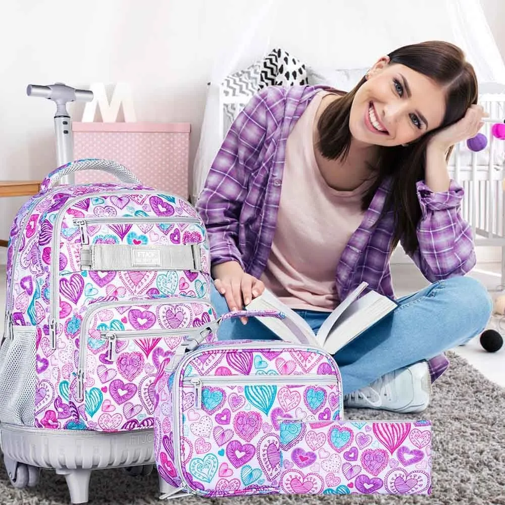 3pcs Rolling Backpack for Girls, 19 Inche Adult Bag with Roller Wheels, Wheeled Bookbag Set for Women - PinkGrey