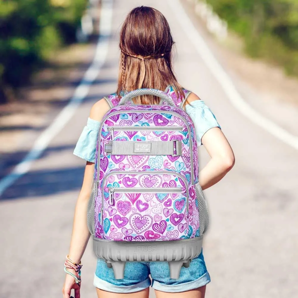 3pcs Rolling Backpack for Girls, 19 Inche Adult Bag with Roller Wheels, Wheeled Bookbag Set for Women - PinkGrey