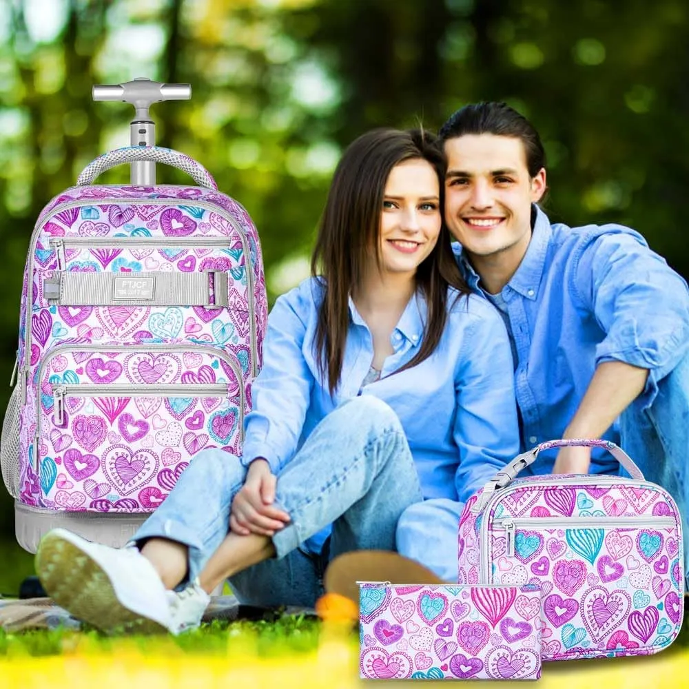 3pcs Rolling Backpack for Girls, 19 Inche Adult Bag with Roller Wheels, Wheeled Bookbag Set for Women - PinkGrey