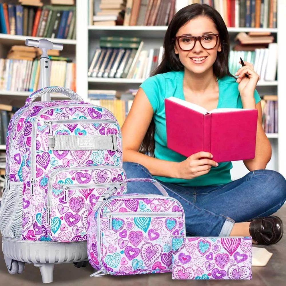 3pcs Rolling Backpack for Girls, 19 Inche Adult Bag with Roller Wheels, Wheeled Bookbag Set for Women - PinkGrey