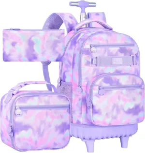 3Pcs Rolling Backpack for Girls, 19 Inche Women Roller Bag with Wheels for Adults, Wheeled Bookbag with Lunch Box(Purple)