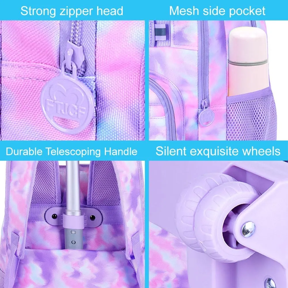 3Pcs Rolling Backpack for Girls, 19 Inche Women Roller Bag with Wheels for Adults, Wheeled Bookbag with Lunch Box(Purple)