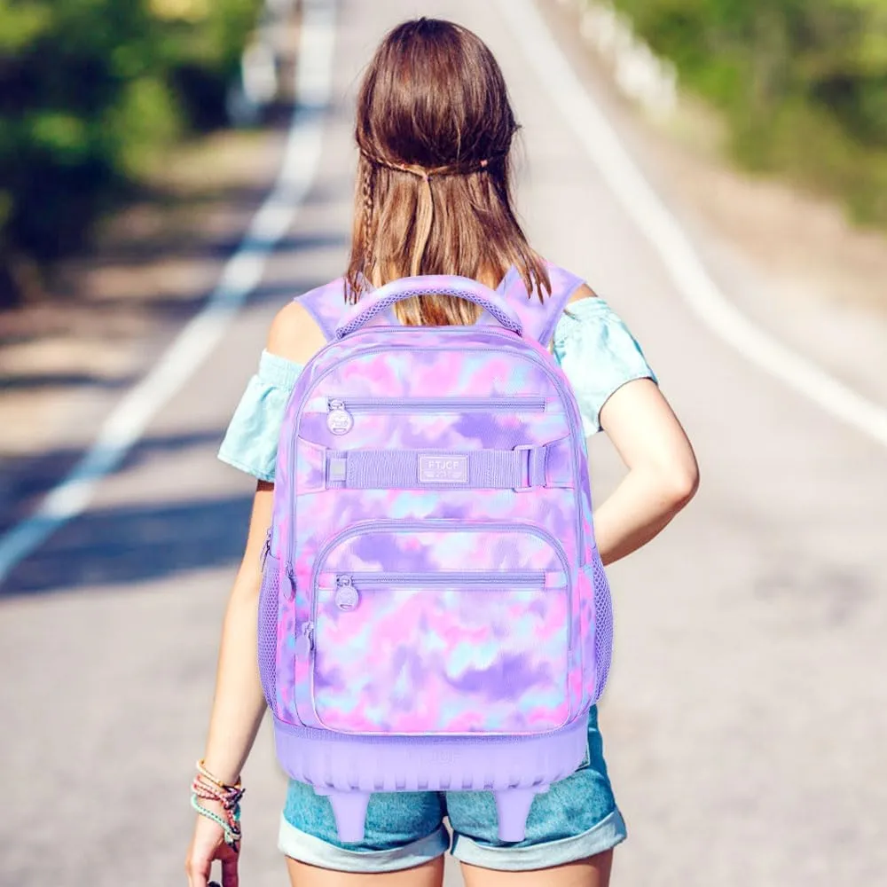 3Pcs Rolling Backpack for Girls, 19 Inche Women Roller Bag with Wheels for Adults, Wheeled Bookbag with Lunch Box(Purple)