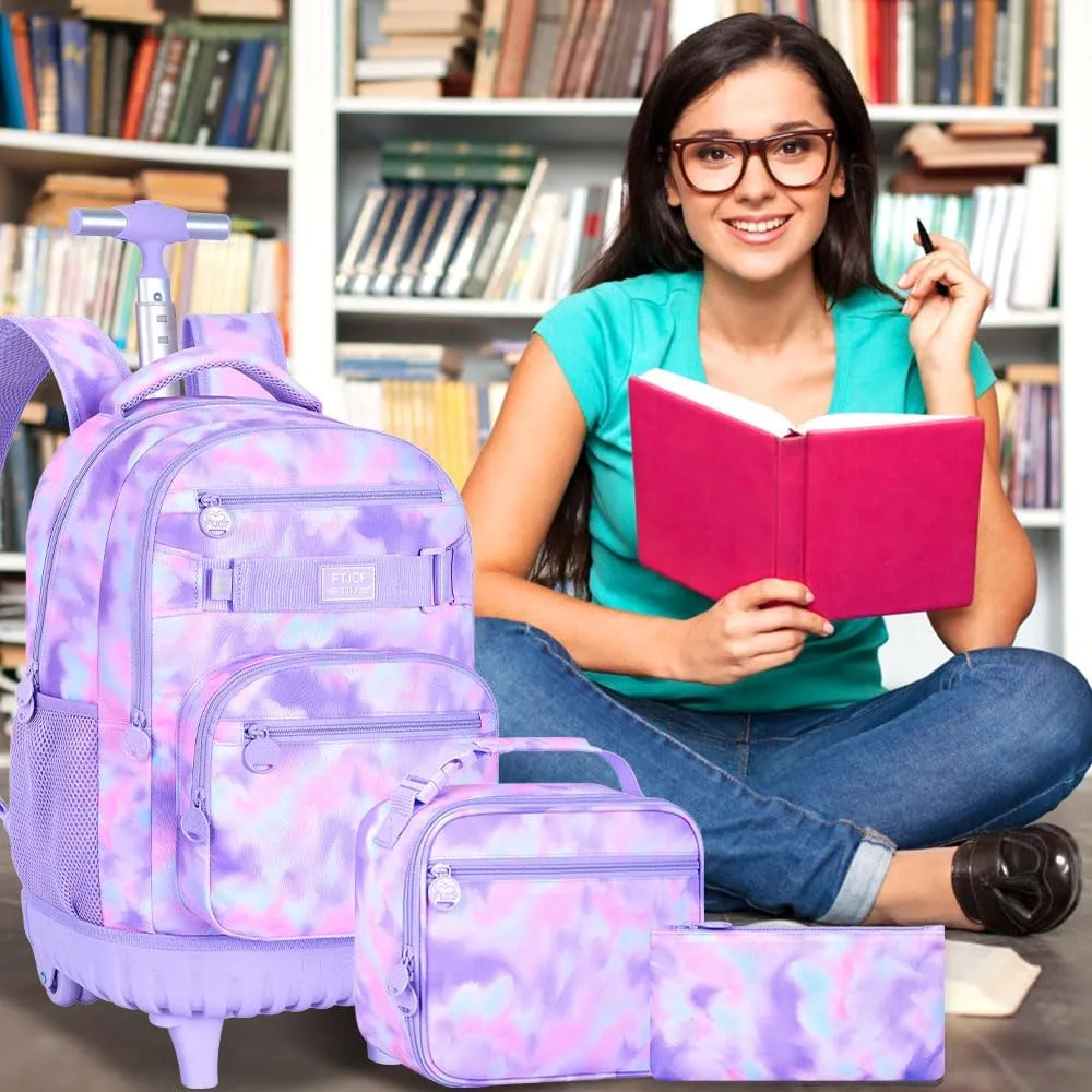 3Pcs Rolling Backpack for Girls, 19 Inche Women Roller Bag with Wheels for Adults, Wheeled Bookbag with Lunch Box(Purple)
