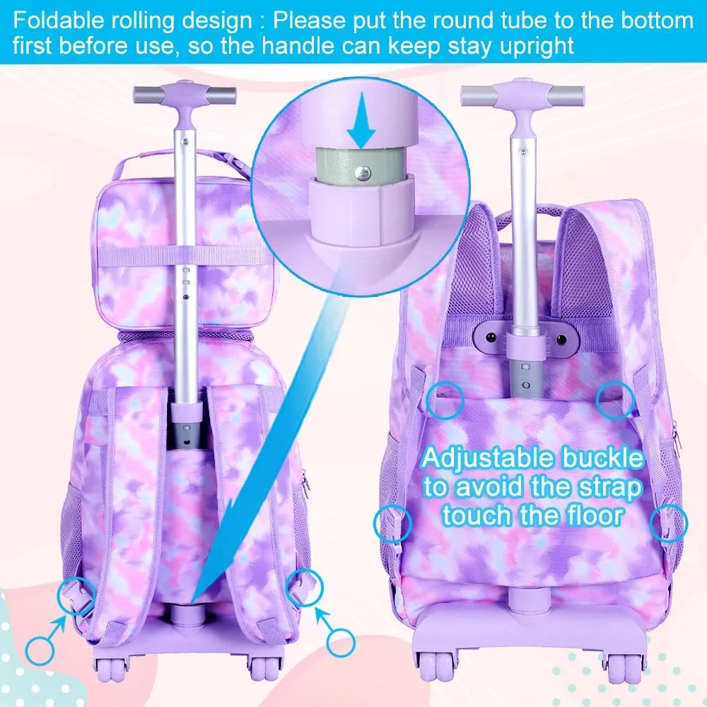 3Pcs Rolling Backpack for Girls, 19 Inche Women Roller Bag with Wheels for Adults, Wheeled Bookbag with Lunch Box(Purple)