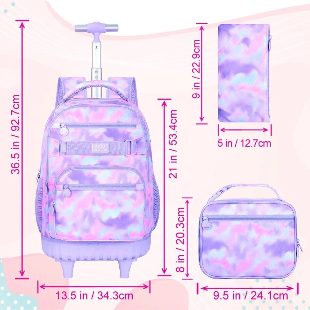 3Pcs Rolling Backpack for Girls, 19 Inche Women Roller Bag with Wheels for Adults, Wheeled Bookbag with Lunch Box(Purple)