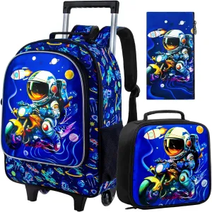 3PCS Rolling Backpack for Girls Boys, Kids Roller Wheeled Bookbag with Lunch Box, Backpacks with Wheels for Elementary