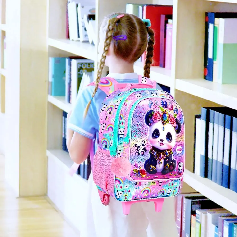 3Pcs Rolling Backpack for Girls, Kids Roller School Backpack with Wheels, Panda Wheeled Bookbag for Elementary Preschool Kindergarten(Pink)