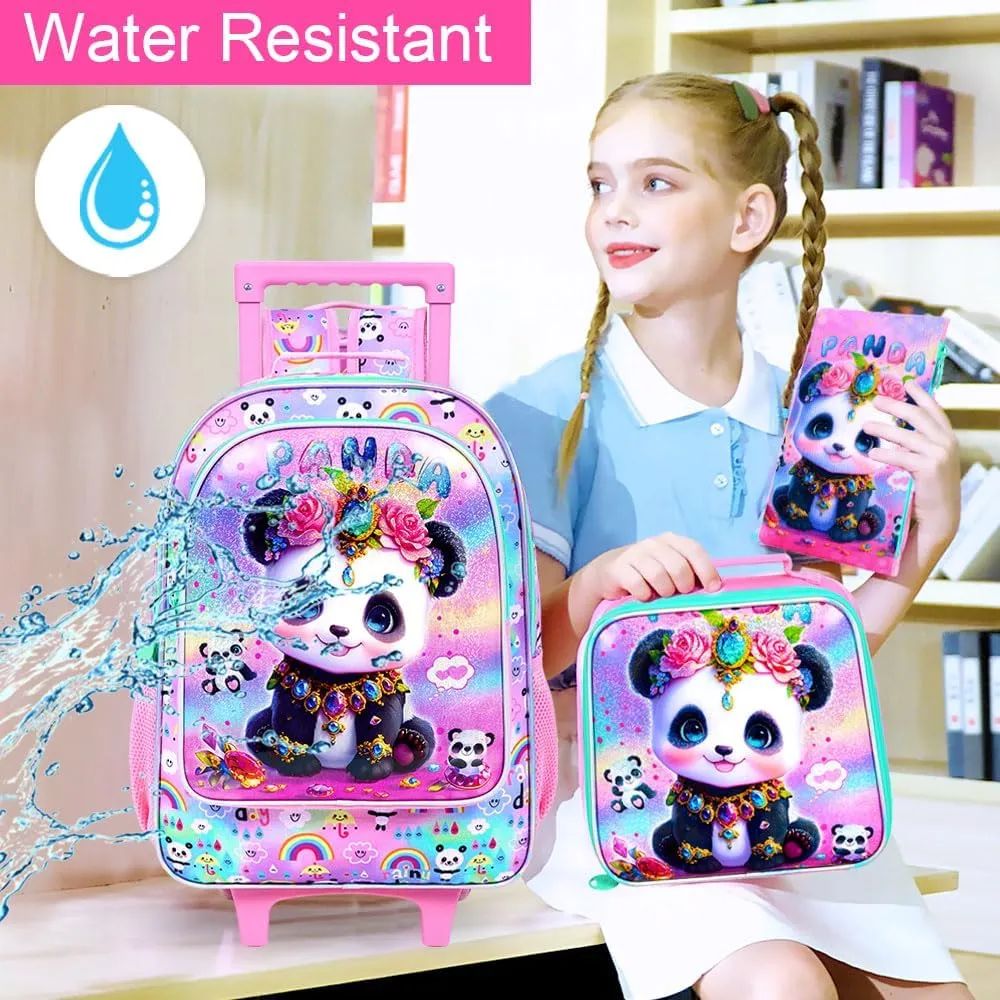 3Pcs Rolling Backpack for Girls, Kids Roller School Backpack with Wheels, Panda Wheeled Bookbag for Elementary Preschool Kindergarten(Pink)