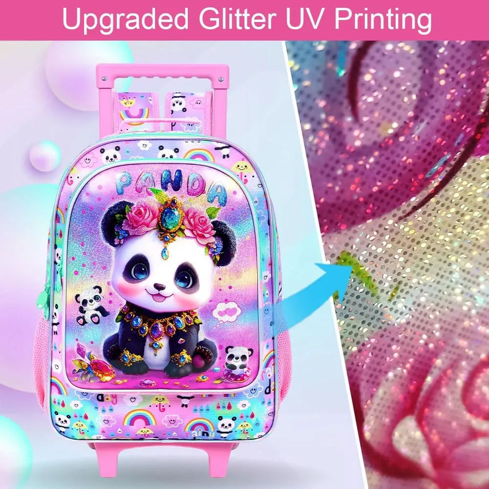 3Pcs Rolling Backpack for Girls, Kids Roller School Backpack with Wheels, Panda Wheeled Bookbag for Elementary Preschool Kindergarten(Pink)