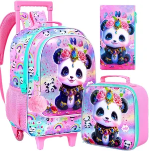 3Pcs Rolling Backpack for Girls, Kids Roller School Backpack with Wheels, Panda Wheeled Bookbag for Elementary Preschool Kindergarten(Pink)
