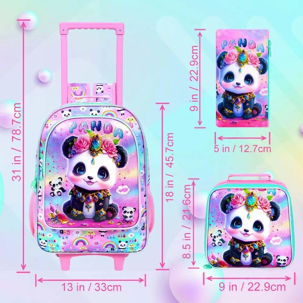 3Pcs Rolling Backpack for Girls, Kids Roller School Backpack with Wheels, Panda Wheeled Bookbag for Elementary Preschool Kindergarten(Pink)